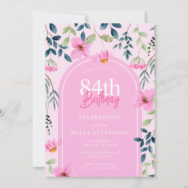 Invitation Fille botanique rose luxuriante 84e anniversaire (Devant)