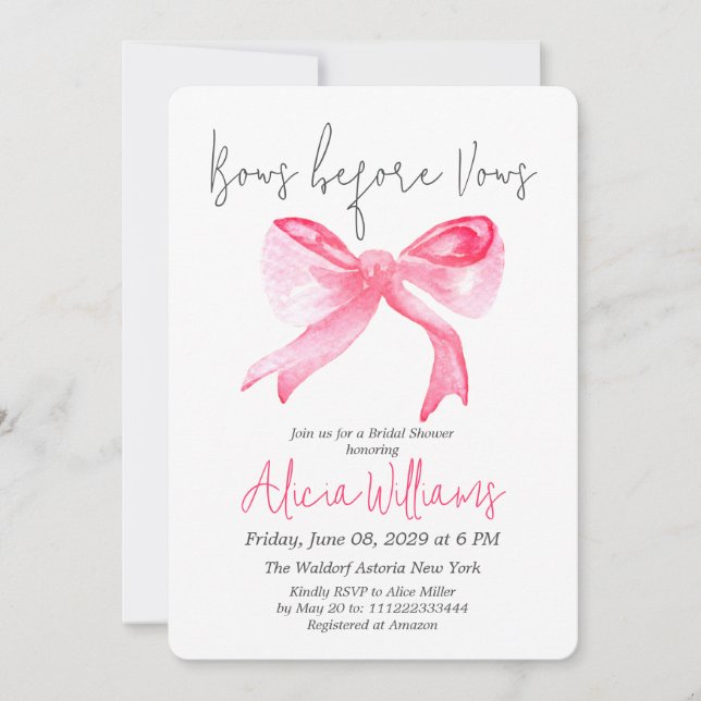 Invitation Fille Bows avant Vows Ruban Fête des mariées rose (Devant)