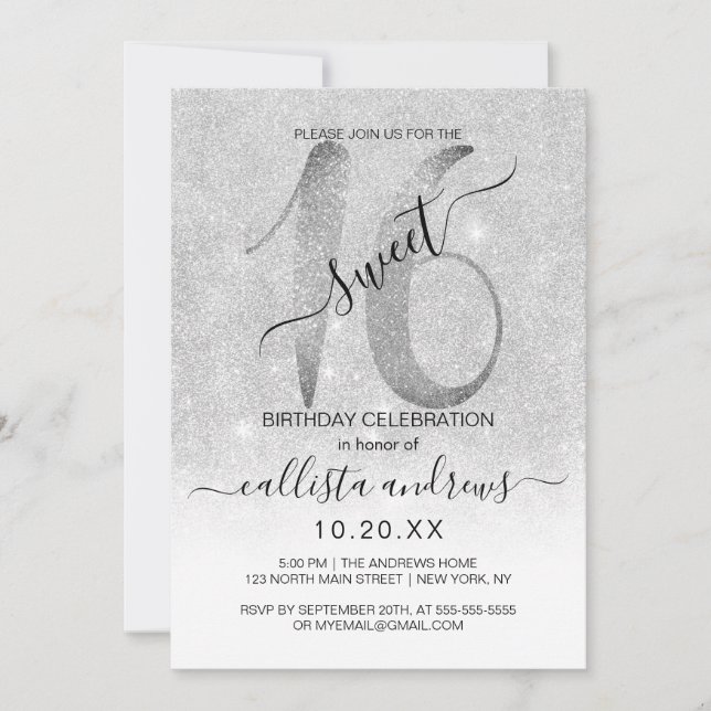 Invitation Fille brillante argent blanc Parties scintillant O (Devant)