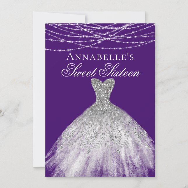 Invitation Fille brillante violette avec robe diamant doux 16 (Devant)