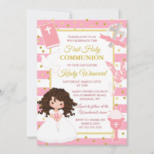Invitation Fille brune à rayure rose Première communion