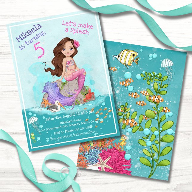 Invitation Fille Brunette Pink Mermaid fête d'anniversaire (Créateur téléchargé)