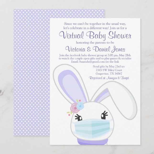 Invitation Fille Bunny Mask Mail Baby shower virtuel (Devant / Derrière)