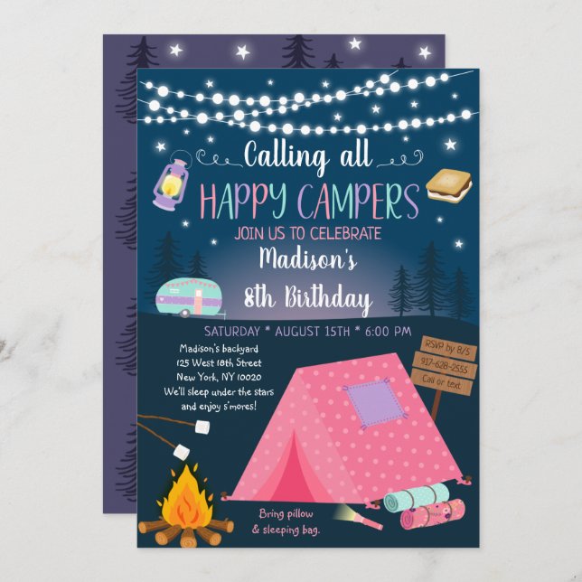 Invitation Fille Camping S'mores Sleepover Anniversaire (Devant / Derrière)