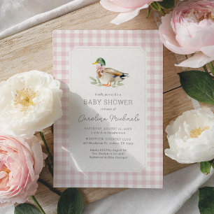 Invitation Fille Canard Colvert à carreaux rose Baby Shower