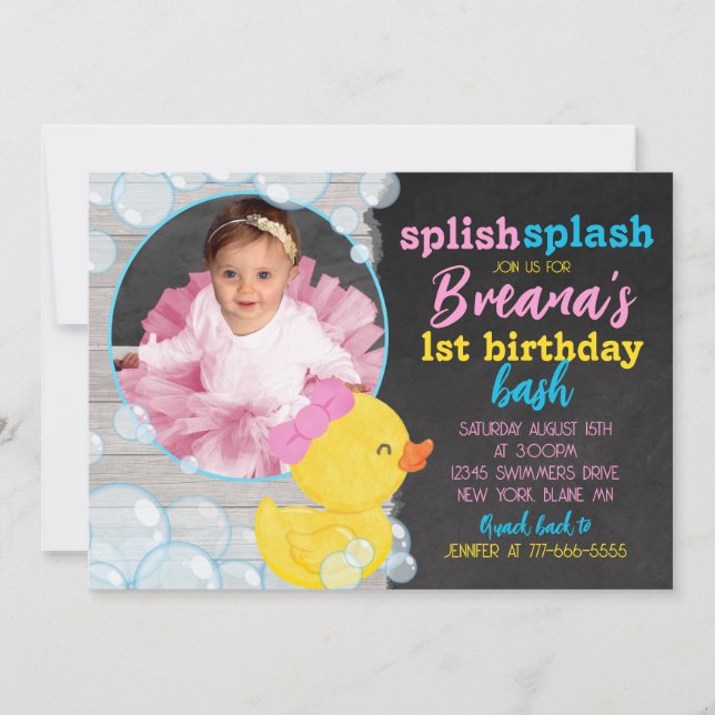 Invitation Fille Canard en Caoutchouc Chalkboard & Pink Photo (Devant)