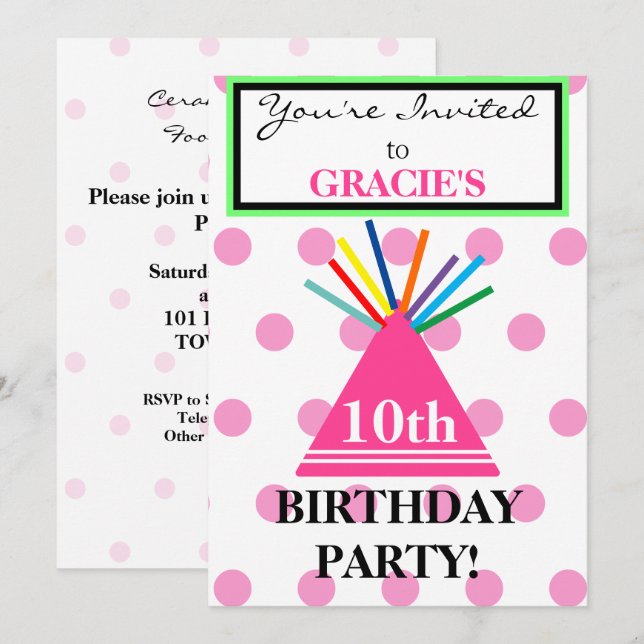 Invitation Fille Casquette de fête d'anniversaire Pois roses (Devant / Derrière)
