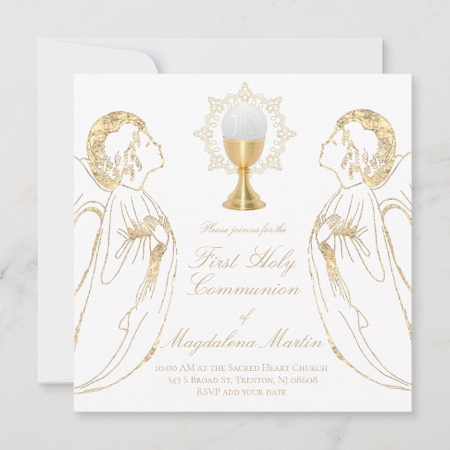 Invitation fille catholique première communion anges adorateu (Devant)