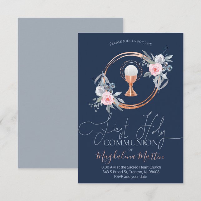 Invitation fille catholique première communion cercle floral (Devant / Derrière)