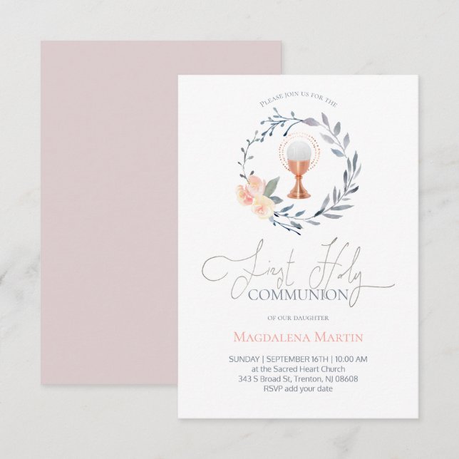 Invitation fille catholique première communion florale couron (Devant / Derrière)