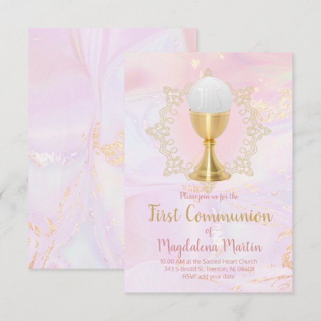 Invitation fille catholique première communion marbre rose (Devant / Derrière)