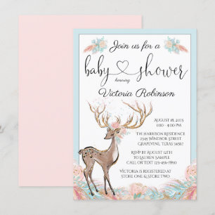 Invitation Fille Cerf Rose Turquoise Aquarelle Baby Shower