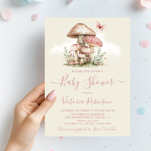Invitation Fille Champignon Rose Papillon Baby Shower