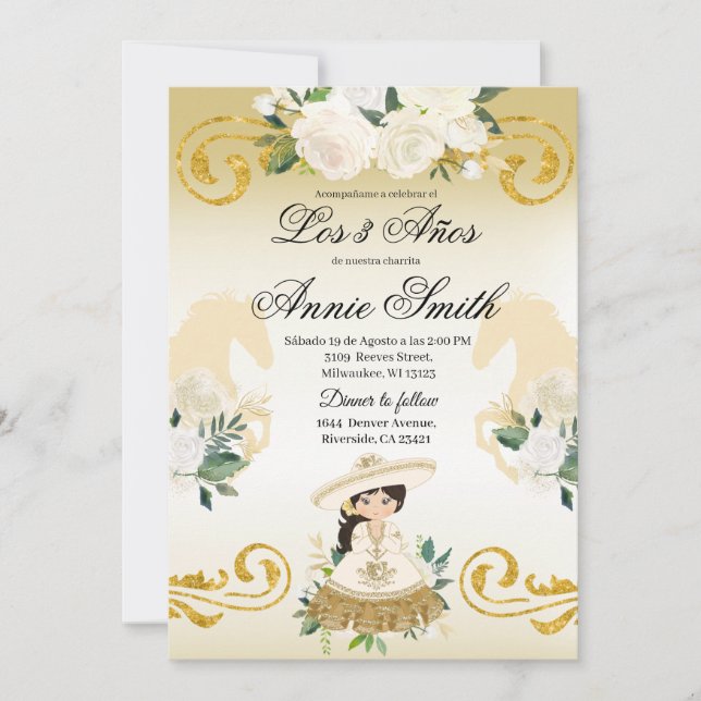 Invitation Fille Charra Mexicaine Espagnole 3 ans Or (Devant)