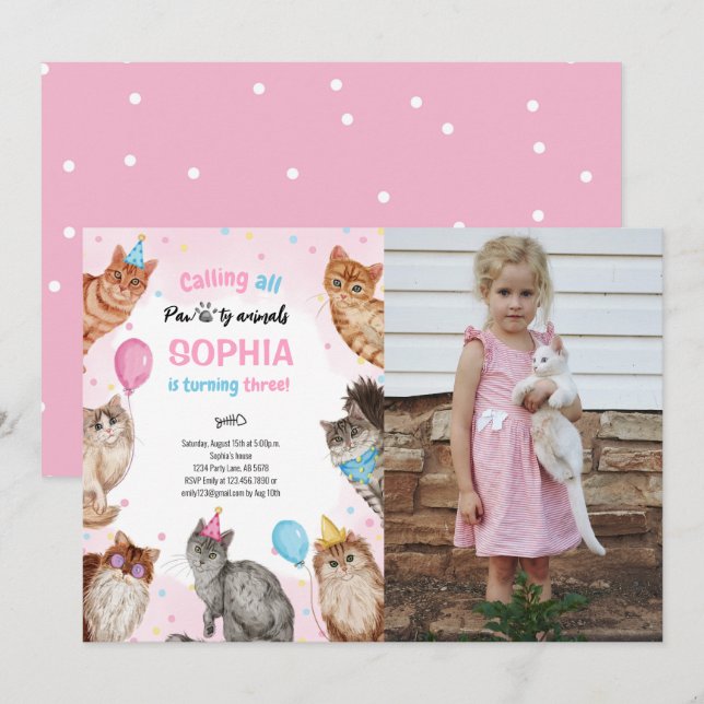 Invitation Fille Chat Pawty Animaux Photo d'anniversaire (Devant / Derrière)