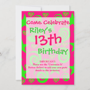 Invitation Fille Chaud Rose Lime Vert Étoiles Coeurs Éperies 