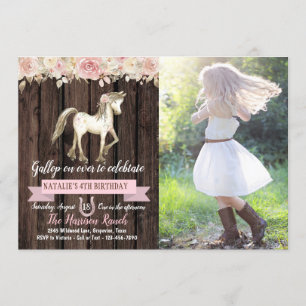 Invitation Fille Cheval Poney Cowgirl Photo Anniversaire Fête