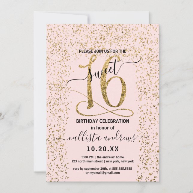 Invitation Fille Chic Rose or Confetti Bordure Sweet 16 (Devant)