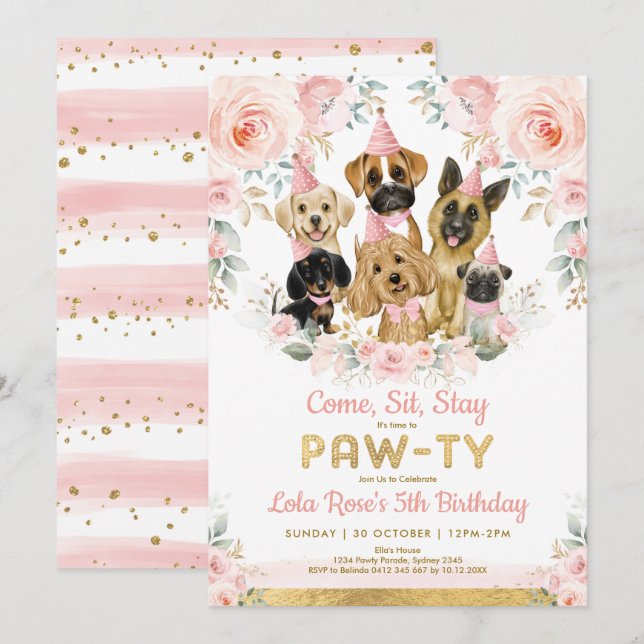 Invitation Fille Chien Chien Chien Fête Anniversaire Fleurs R (Devant / Derrière)
