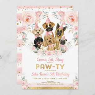 Invitation Fille Chien Chien Chien Fête Anniversaire Fleurs R