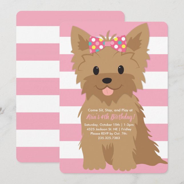 Invitation Fille chiot fête d'anniversaire II (Devant / Derrière)