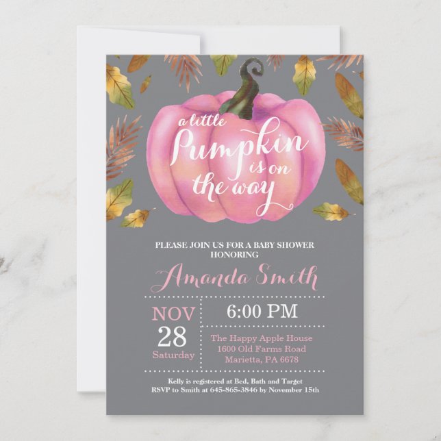 Invitation Fille Citrouille d'automne Baby shower rose et Gar (Devant)