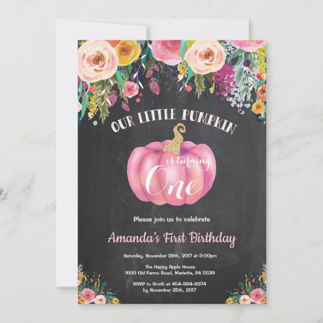 Invitation Fille Citrouille premier anniversaire Floral Gold  (Devant)