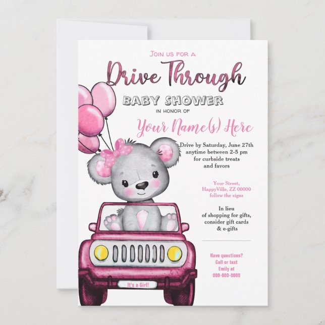 Invitation Fille Conduire à travers Baby shower Ours Teddy (Devant)