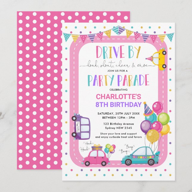 Invitation Fille Conduire Par Anniversaire Parade Quarantine  (Devant / Derrière)