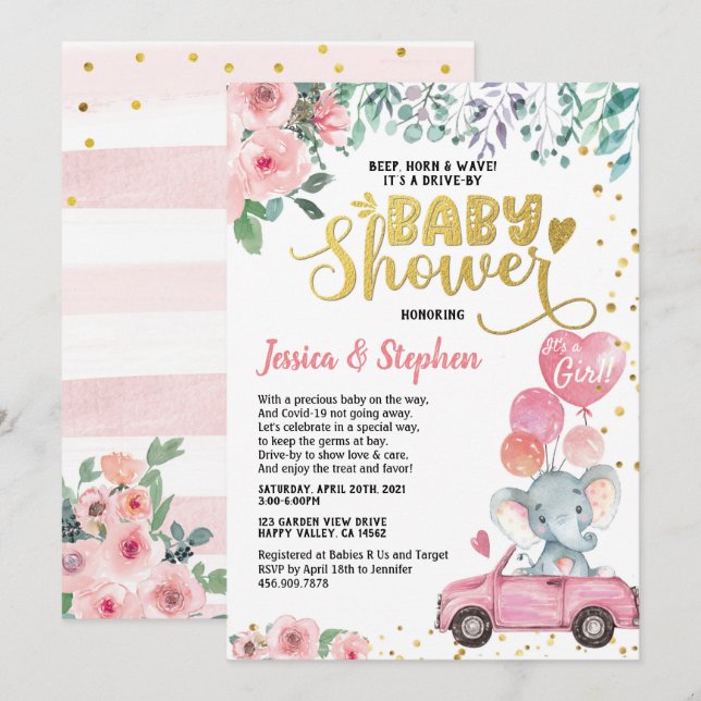 Invitation Fille Conduite Par Baby shower Parade Eléphant ros (Devant / Derrière)
