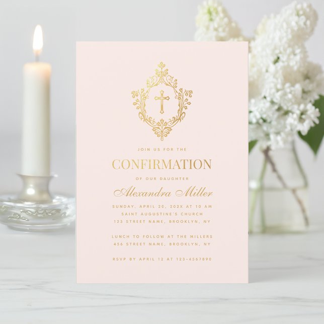 Invitation Fille Confirmation Blush Pink Faux Gold Crest Cros (Créateur téléchargé)