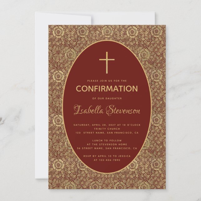 Invitation Fille Confirmation Bourgogne Or Roses Élégant Roug (Devant)