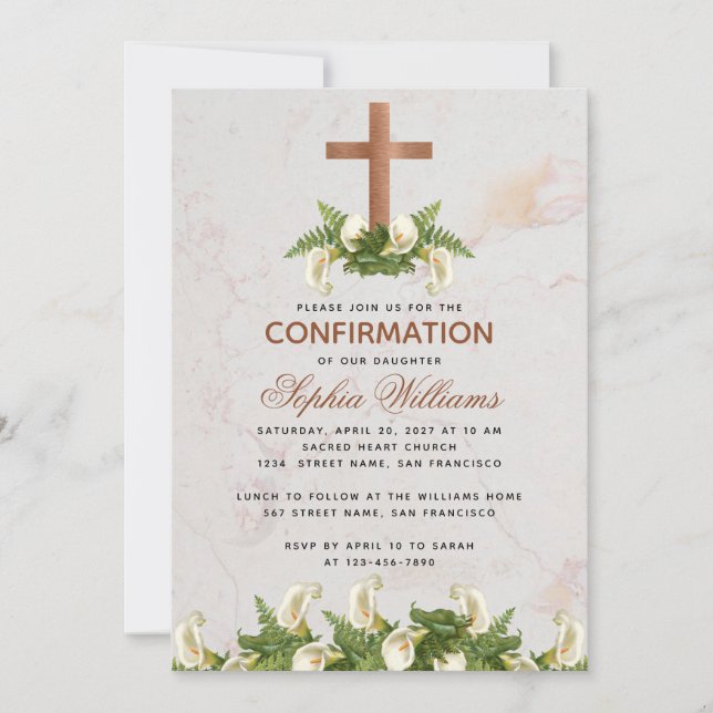 Invitation Fille Confirmation Croix de cuivre Calla Lilies Ma (Devant)
