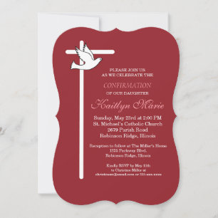 Invitation Fille Confirmation Croix Dove sur Rouge