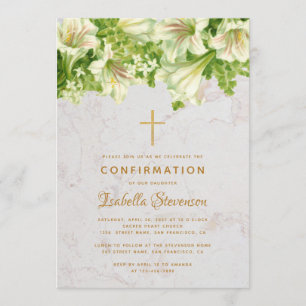 Invitation Fille Confirmation Lys Blancs sur Marbre Floral