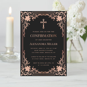 Invitation Fille Confirmation Pink Black Elegant Croix Vintag