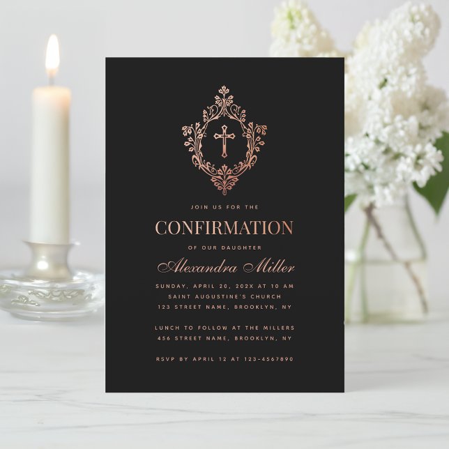 Invitation Fille Confirmation Rose noir Gold Crest Vintage (Créateur téléchargé)