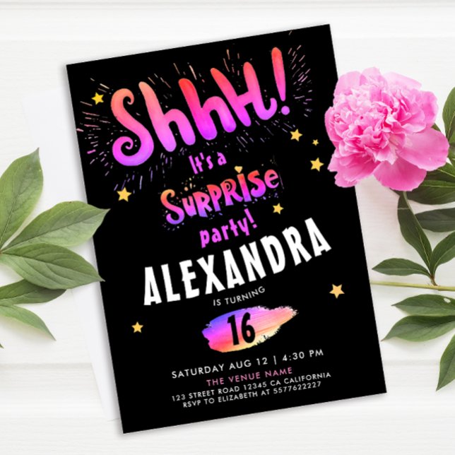 Invitation Fille cool Surprise Party Sweet 16e Neon Glow (Créateur téléchargé)