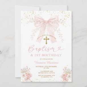Invitation Fille Coquette Arc Rose Baptême et Anniversaire
