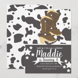 Invitation Fille Cowboy Anniversaire Imprimé Vache Marron