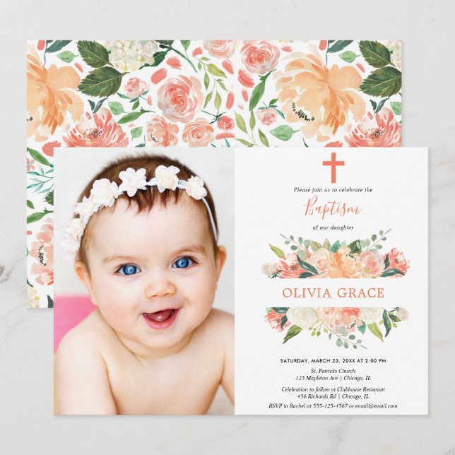Invitation Fille crème blanche de pêche florale élégante de (Devant / Derrière)