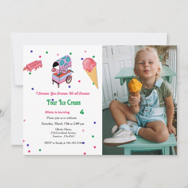Invitation fille crème glacée anniversaire Je crie 4TH Birthd (Devant)