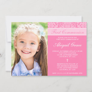 Invitation Fille Damas Rose Photo Première Communion