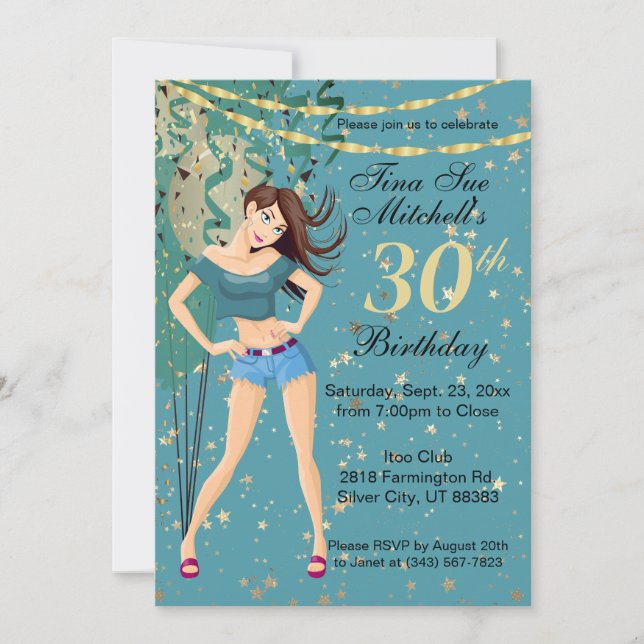 Invitation Fille d'anniversaire adulte en bleu Turquoise (Devant)