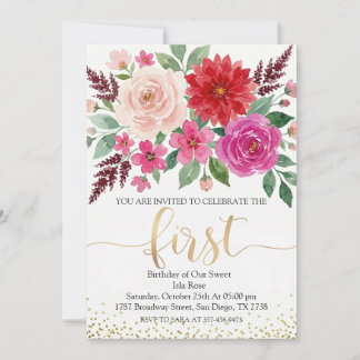 Invitation Fille d'anniversaire aquarelle Floral Pailleté Or