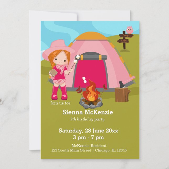 Invitation Fille d'anniversaire de camping (Devant)