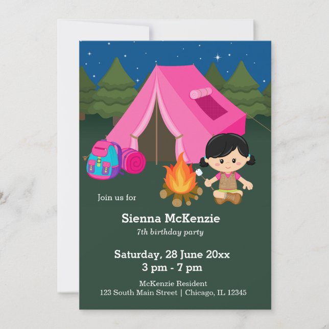 Invitation Fille d'anniversaire de camping (Devant)