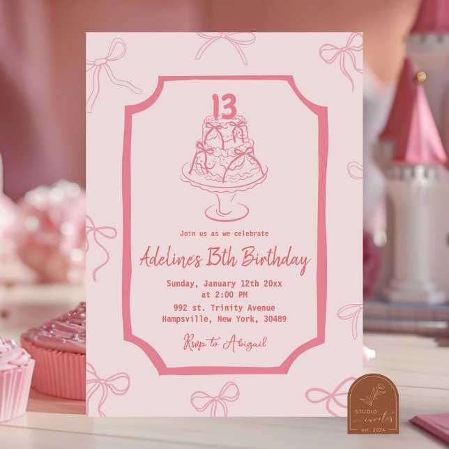 Invitation Fille d'anniversaire de la cave rose dessinée à la (Créateur téléchargé)