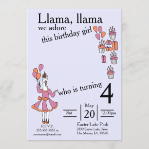Invitation Fille d'anniversaire de lama lavendar et orange