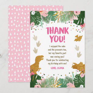 Invitation Fille d'anniversaire dinosaure Or Rose Merci
